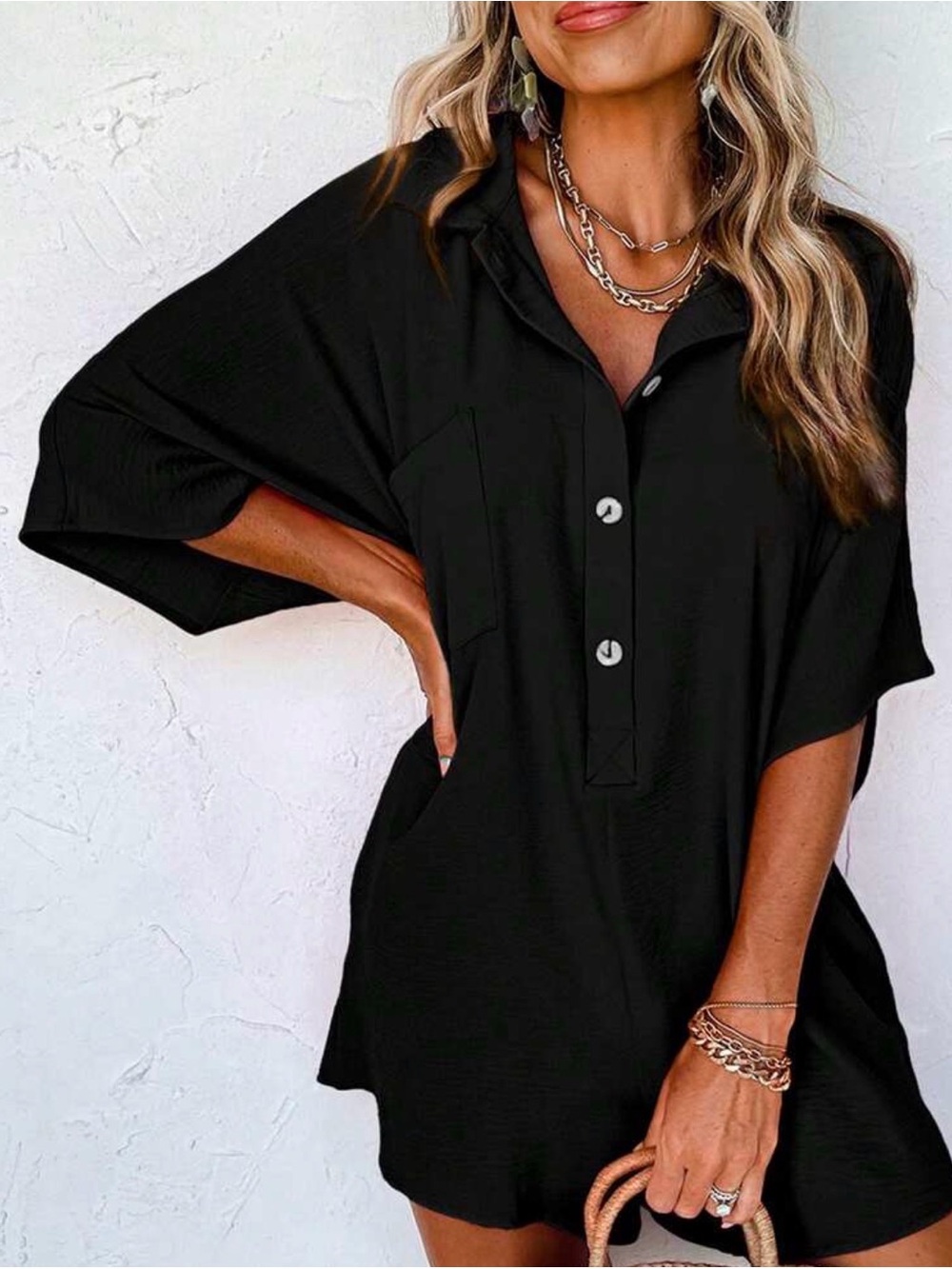 Black Oversized Button-Up Women's Top